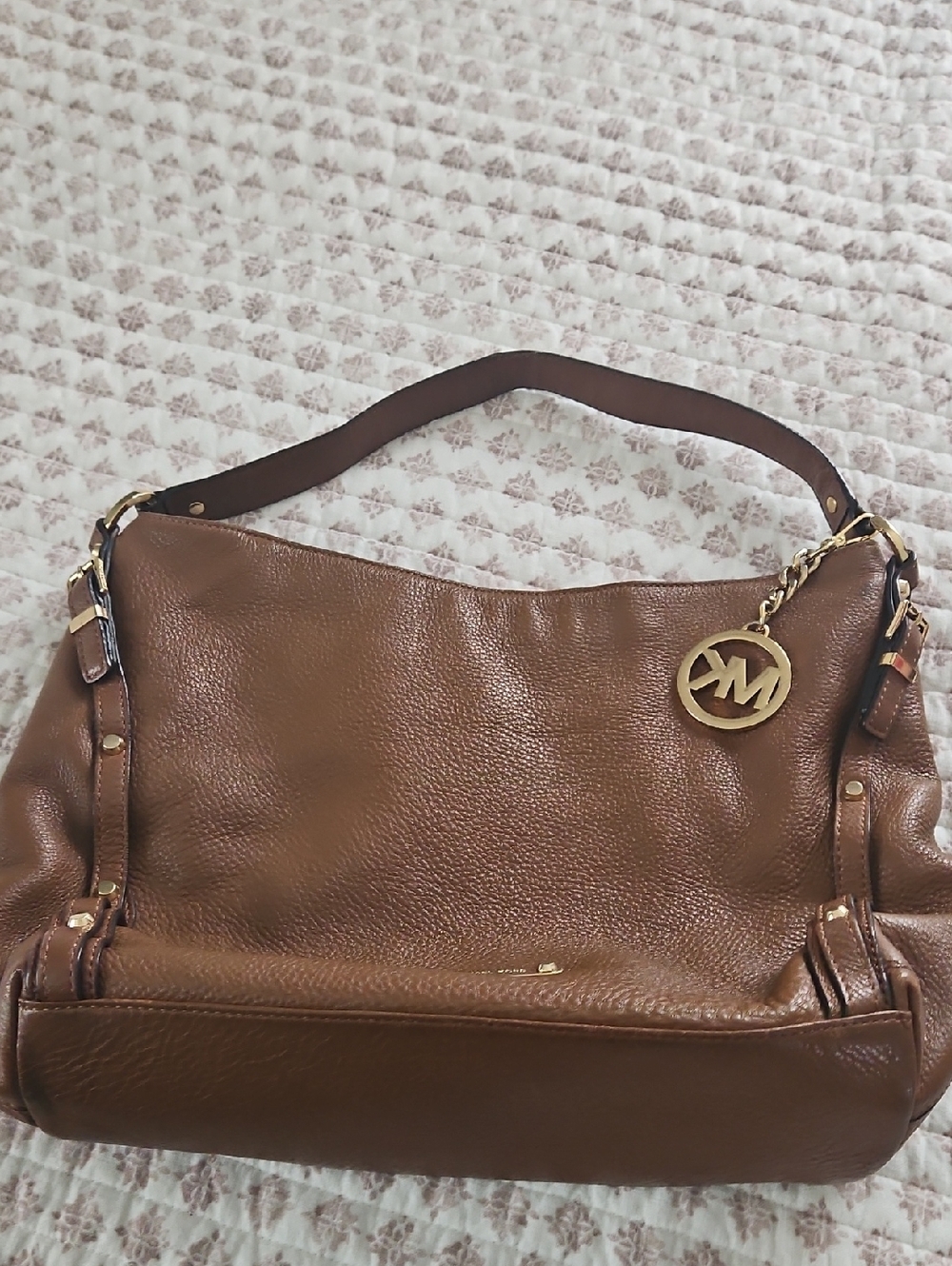 Michael Kors Cognac Pebbled Leather Hobo with Gold Logo Charm